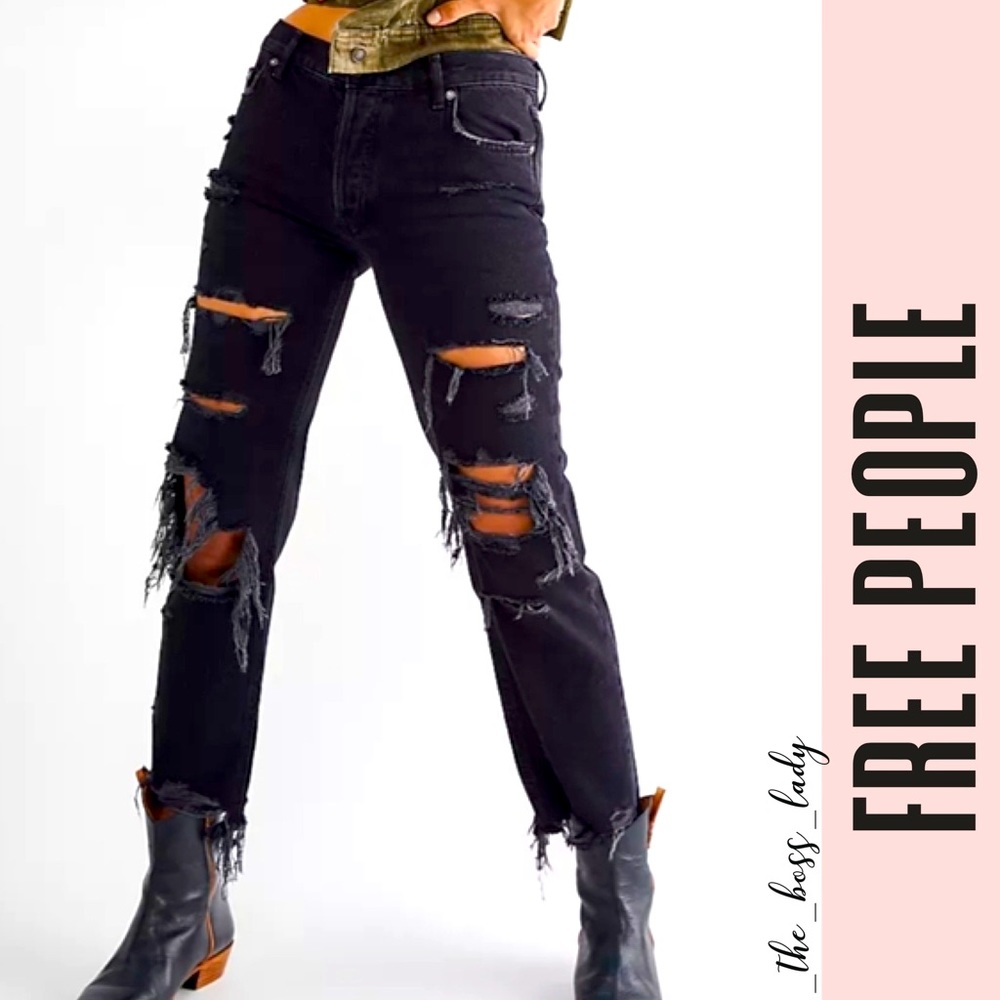 NWOT Free People Jeans Maggie Straight Leg Ripped Size 25 Black